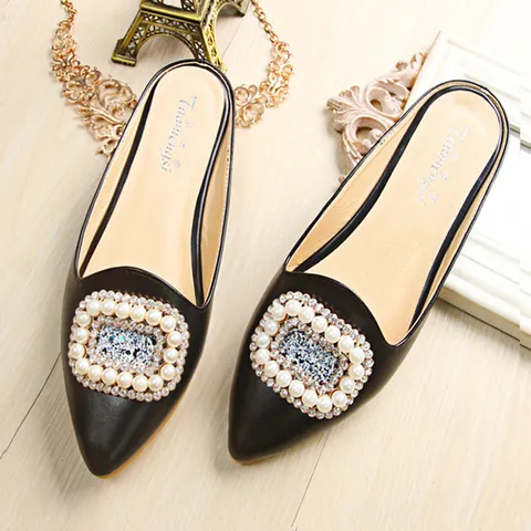 Women Pointed Toe Flat Mules Elegant Artificial Pearl Rhinestone Buckle Loafers Leopard Print Slip On Shoes For Daily Banquet
