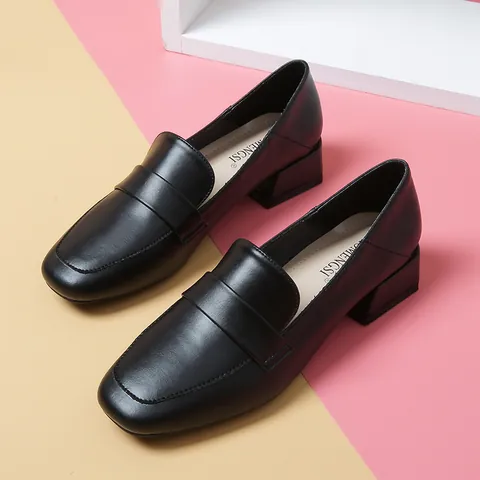 Mocasines de Punta Cuadrada con Tacón de Bloque para Mujer Cuero de Microfibra Mocasines Penny Estilo Británico Vintage