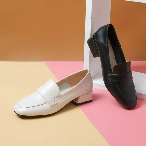 Mocasines de Punta Cuadrada con Tacón de Bloque para Mujer Cuero de Microfibra Mocasines Penny Estilo Británico Vintage