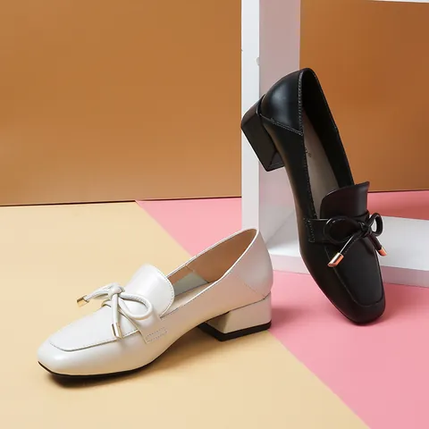 Women's British Style Chunky Mid Heel Loafers Square Toe Slip-on Casual Shoes With Bow Metal Decor