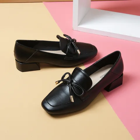 Women's British Style Chunky Mid Heel Loafers Square Toe Slip-on Casual Shoes With Bow Metal Decor