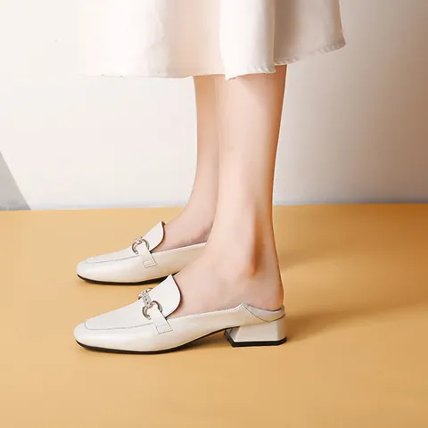 Women Block Heel Loafers Square Toe British Style Microfiber Leather Shoes With Rhinestone Metal Buckle For Office Daily