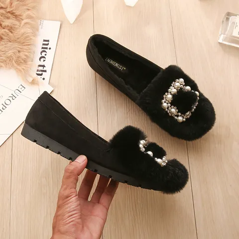 Women Faux Fur Loafers Pearl Rhinestone Square Buckle Plush Lined Flat Shoes Warm Autumn Winter Casual Slip On Footwear