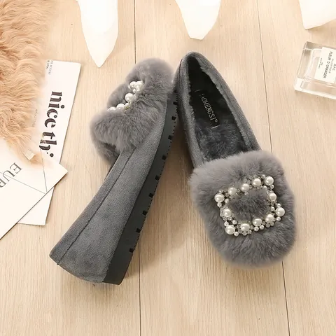 Women Faux Fur Loafers Pearl Rhinestone Square Buckle Plush Lined Flat Shoes Warm Autumn Winter Casual Slip On Footwear