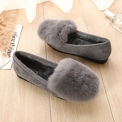 Women Winter Warm Rabbit Fur Flat Shoes Casual Plush Loafers Solid Color Round Toe Slip On Moccasins Comfortable Soft Lining Non Slip Sole