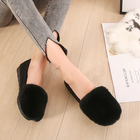 Women Winter Warm Rabbit Fur Flat Shoes Casual Plush Loafers Solid Color Round Toe Slip On Moccasins Comfortable Soft Lining Non Slip Sole