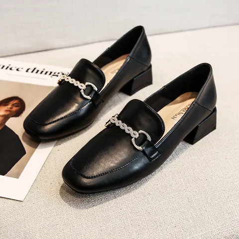 Women British Style Square Toe Loafers Chunky Block Heel Microfiber Leather Metal Buckle Rhinestone Slip On Casual Dress Shoes