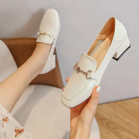 Women Square Toe Loafers Microfiber Leather Low Chunky Heel Single Shoes With Metal Horsebit Buckle Retro Commuting Footwear