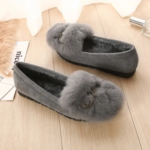 Loafer da Donna in Finta Pelliccia di Coniglio Caldi Piatti Foderati in Peluche Con Fiocco in Metallo Strass Mocassini Scarpe Invernali