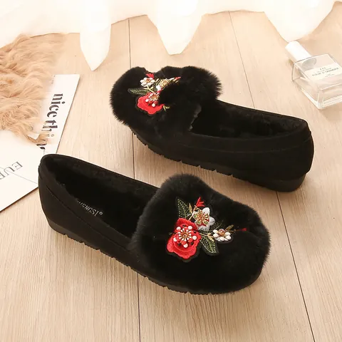 Women Floral Embroidery Rabbit Fur Loafers Winter Warm Suede Plush Lined Non-Slip Flat Cotton Shoes Slip-On Casual Footwear