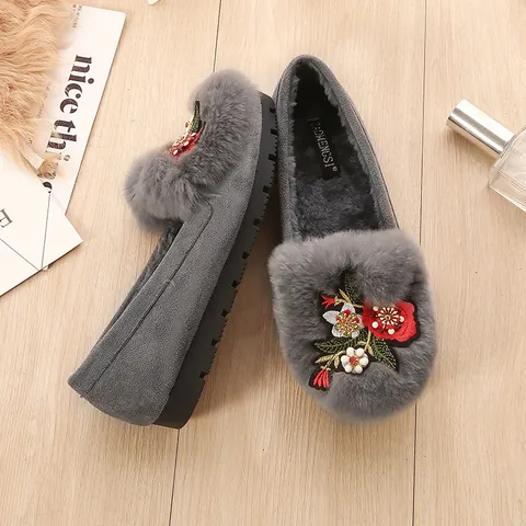Women Floral Embroidery Rabbit Fur Loafers Winter Warm Suede Plush Lined Non-Slip Flat Cotton Shoes Slip-On Casual Footwear