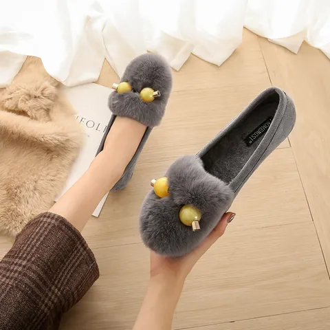 Mocassins Femme en Poil de Lapin Chauds Hiver Daim Avec Pompons en Fourrure et Perles Semelle Épaisse Sans Lacets