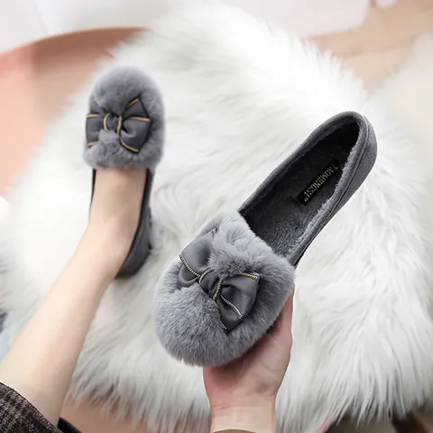 Women Winter Warm Faux Fur Loafers Bowknot Metal Chain Flat Microfiber Cotton Shoes Anti-Slip Daily Walking Shoes
