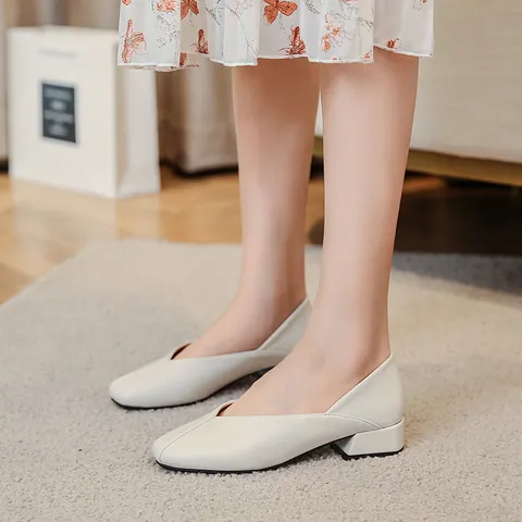 Women Square Toe Loafers British Style Microfiber Leather V Cut Thick Middle Heel Slip On Work Office Commute Single Shoes