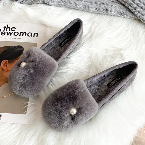 Women's Faux Fur Loafers With Pearl Decoration Warm Plush Lined Flat Winter Cotton Shoes Slip On Casual Moccasins Comfortable Shoes
