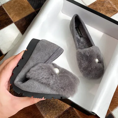 Women's Faux Fur Loafers With Pearl Decoration Warm Plush Lined Flat Winter Cotton Shoes Slip On Casual Moccasins Comfortable Shoes