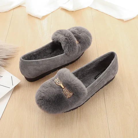 Women Warm Faux Fur Plush Loafers Sweet Metal Bowknot Decor Slip On Flat Cotton Moccasins Microfiber Suede Casual Winter Shoes