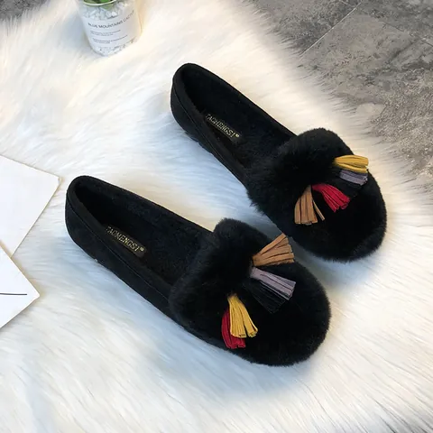 Women's Winter Faux Fur Loafers Warm Plush Lined Moccasins Colorful Tassel Decor Flat Slip On Casual Cotton Shoes