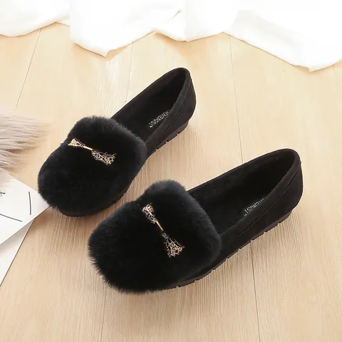 Women Warm Faux Fur Plush Loafers Sweet Metal Bowknot Decor Slip On Flat Cotton Moccasins Microfiber Suede Casual Winter Shoes