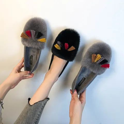 Women's Winter Faux Fur Loafers Warm Plush Lined Moccasins Colorful Tassel Decor Flat Slip On Casual Cotton Shoes