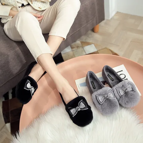 Women Faux Fur Loafers Rhinestone Bowknot Warm Plush Lined Flat Winter Casual Shoes Sweet Slip-On Moccasins Fashion Cotton Shoes