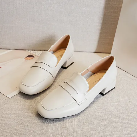Women's Square Toe Block Heel Loafers Microfiber Leather Penny Strap Casual Office Walking Shoes Black Apricot Slip On Shoes