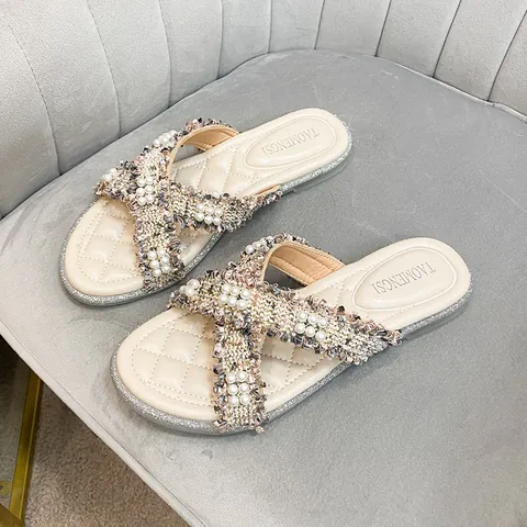 Women's Elegant Pearl Tweed Cross Strap Flat Sandals Casual Summer Outdoor Slides Comfort Slippers Large Size 43