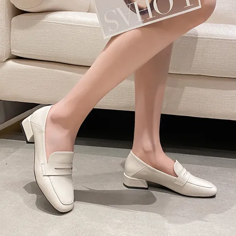 Women's Square Toe Block Heel Loafers Microfiber Leather Penny Strap Casual Office Walking Shoes Black Apricot Slip On Shoes