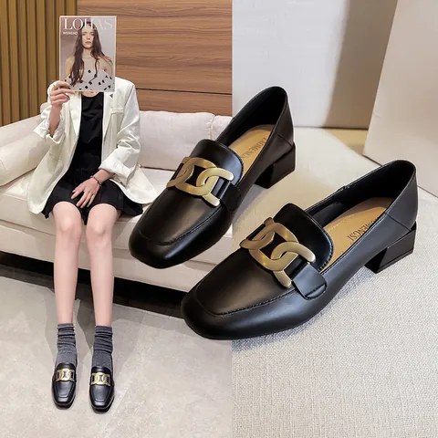 Women British Style Square Toe Loafers With Metal Chain Buckle Low Block Heel Microfiber Leather Slip On Casual Dress Shoes