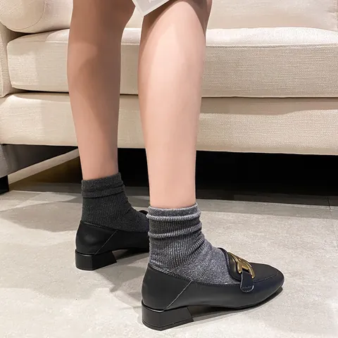 Women British Style Square Toe Loafers With Metal Chain Buckle Low Block Heel Microfiber Leather Slip On Casual Dress Shoes