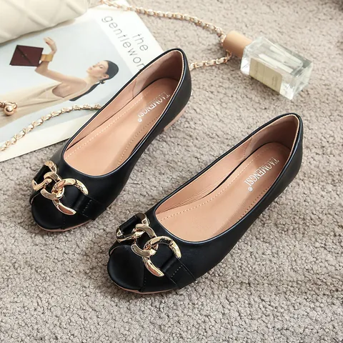 Women Peep Toe Flats Microfiber Leather Gold Chain Decor Slip On Loafers Comfortable Breathable Walking Shoes For Daily Fashion