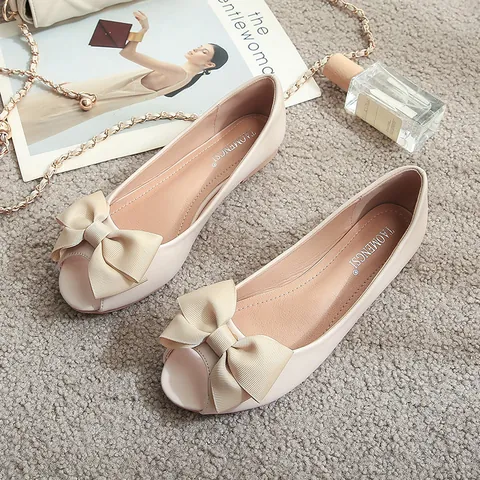 Women's Peep Toe Flats Microfiber Leather Elegant Bowknot Slip On Shallow Mouth Comfortable Soft Sole Daily Walking Shoes