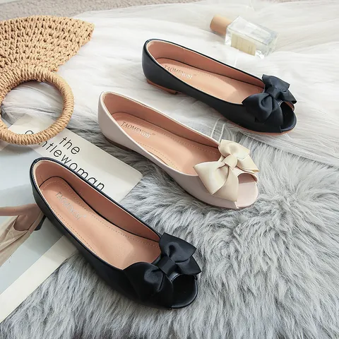 Women's Peep Toe Flats Microfiber Leather Elegant Bowknot Slip On Shallow Mouth Comfortable Soft Sole Daily Walking Shoes