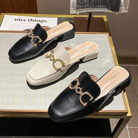 Women's Square Toe Mule Loafers Rhinestone Horsebit Buckle Chunky Low Heel Slip-on Mules Casual Dress Shoes