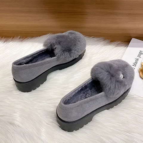 Women's Winter Plush Loafers Rabbit Fur Moccasins With Pearl Decor Thick Sole Non Slip Slip On Cotton Shoes Casual Fashion
