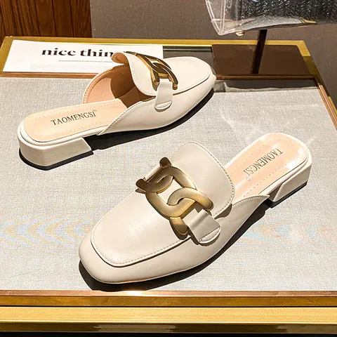Women Square Toe Block Heel Mules Microfiber Leather Metal Chain Loafer Slides Comfortable Large Size Footwear
