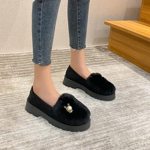 Women's Winter Plush Loafers Rabbit Fur Moccasins With Pearl Decor Thick Sole Non Slip Slip On Cotton Shoes Casual Fashion