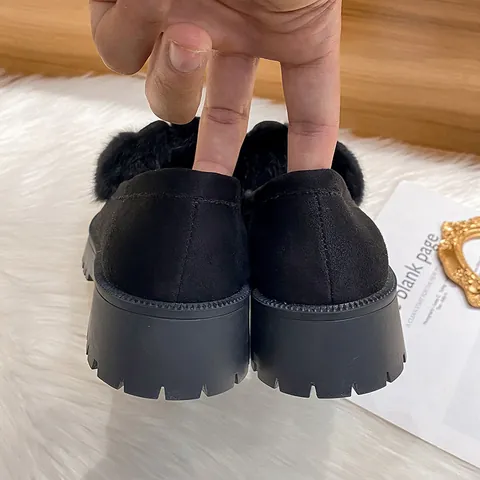 Women's Winter Warm Plush Loafers Faux Rabbit Fur Bunny Ears Design Platform Cotton Shoes Slip-on Anti-slip Rubber Sole Flats