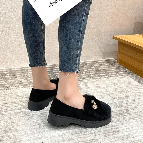 Women's Fur Lined Loafers Thick Sole Warm Winter Shoes Faux Fur Suede Slip On Flats With Rhinestone Animal Decor Anti Slip Casual Shoes