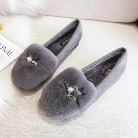 Women's Warm Rabbit Hair Flat Shoes Casual Plus Velvet Lining Slip-on Non-slip Loafers With Pearl Star Decoration Winter Outdoor Cotton Shoes