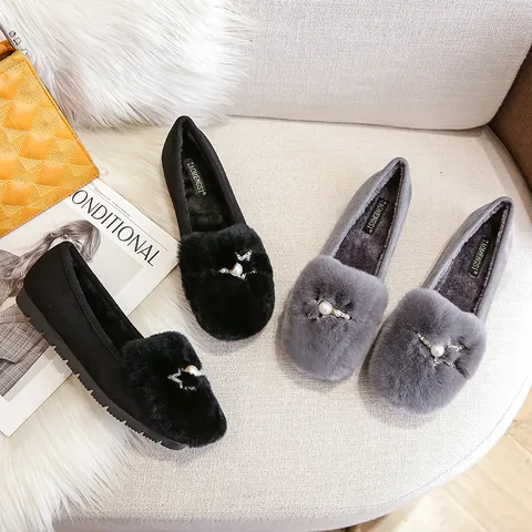 Women's Warm Rabbit Hair Flat Shoes Casual Plus Velvet Lining Slip-on Non-slip Loafers With Pearl Star Decoration Winter Outdoor Cotton Shoes