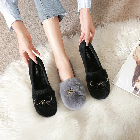 Women's Rabbit Fur Loafers Winter Warm Plush Moccasins With Decorative Bowknot Rhinestone Metal Buckle Flat Casual Shoes
