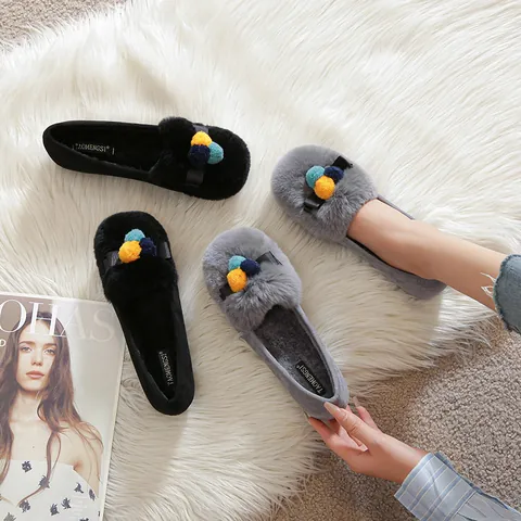 Women's Rabbit Fur Plush Loafers Warm Winter Flat Shoes With Pom Poms Bow Tie Round Toe Casual Slip On Moccasins