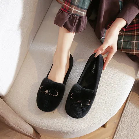 Women's Rabbit Fur Loafers Winter Warm Plush Moccasins With Decorative Bowknot Rhinestone Metal Buckle Flat Casual Shoes