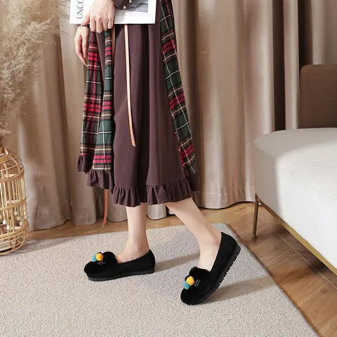 Women's Rabbit Fur Plush Loafers Warm Winter Flat Shoes With Pom Poms Bow Tie Round Toe Casual Slip On Moccasins