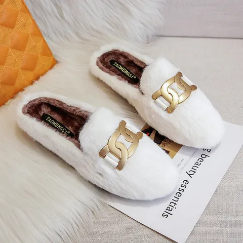 Mules en Fausse Fourrure pour Femmes Pantoufles d'Hiver Chaudes Plates Avec Boucle de Chaîne en Métal Doré Chaussures Poilues