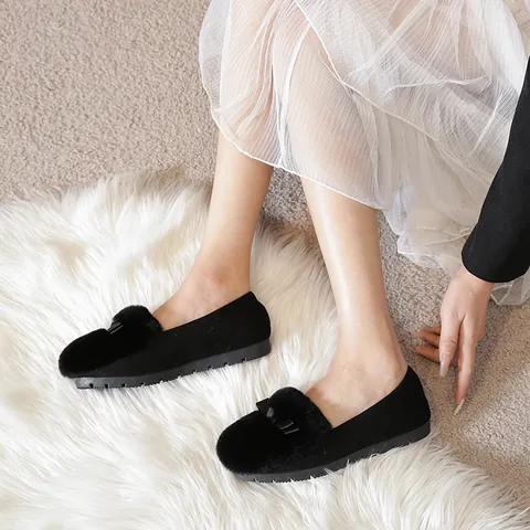 Women's Rabbit Fur Plush Lined Warm Cotton Shoes Solid Color Bowknot Loafers Low Top Suede Moccasins For Winter Daily