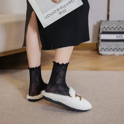 Mules en Fausse Fourrure pour Femmes Pantoufles d'Hiver Chaudes Plates Avec Boucle de Chaîne en Métal Doré Chaussures Poilues