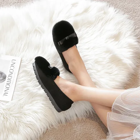 Women's Rabbit Fur Plush Lined Warm Cotton Shoes Solid Color Bowknot Loafers Low Top Suede Moccasins For Winter Daily
