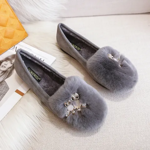 Women Warm Furry Loafers Rhinestone Owl Artificial Pearl Buckle Faux Suede Rabbit Fur Lining Anti-Slip Rubber Sole Winter Flats